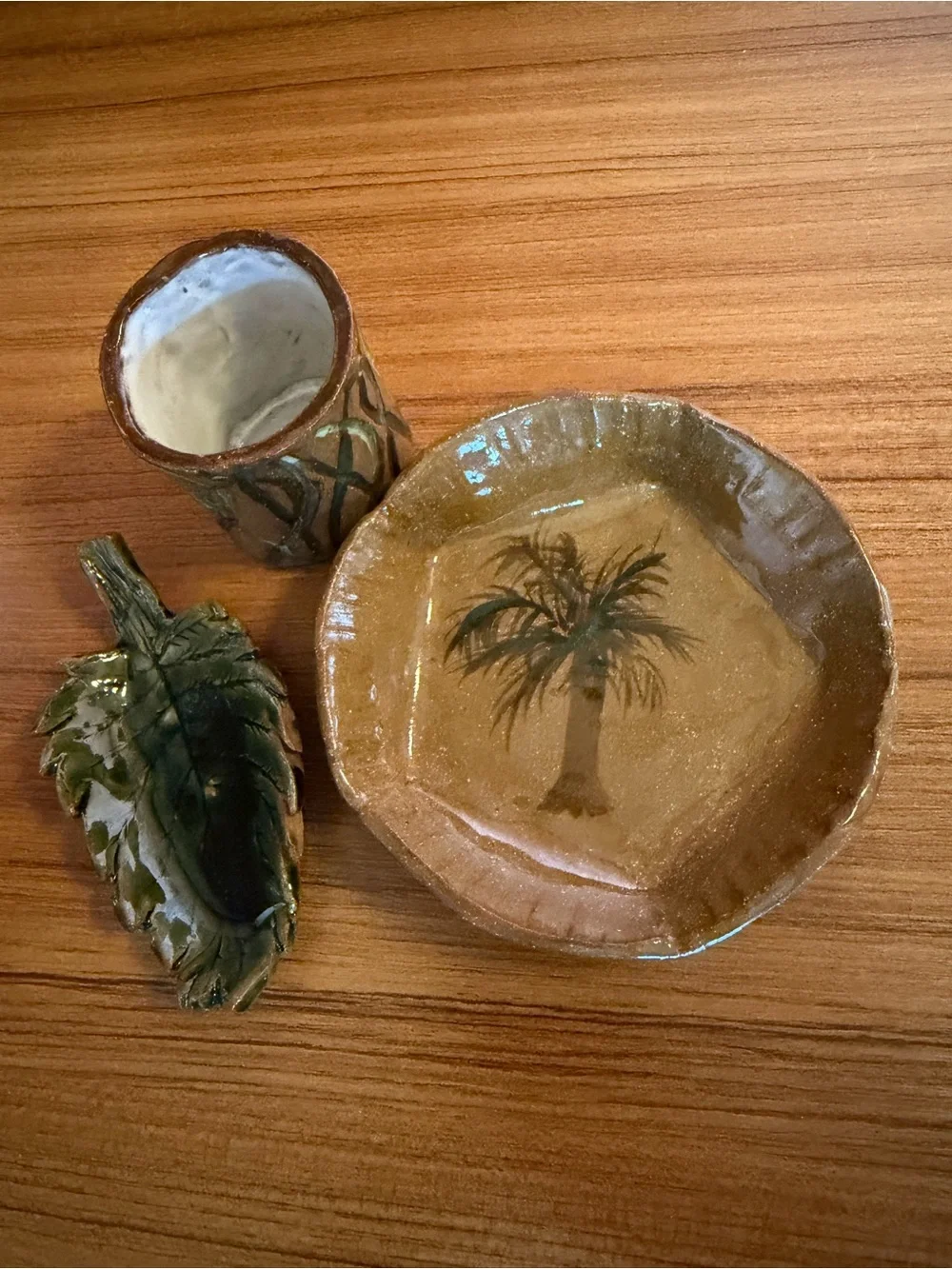 Vintage Studio Art Pottery 3pc Set Palm Tree Trinket Dish Cup Leaf Signed MKK